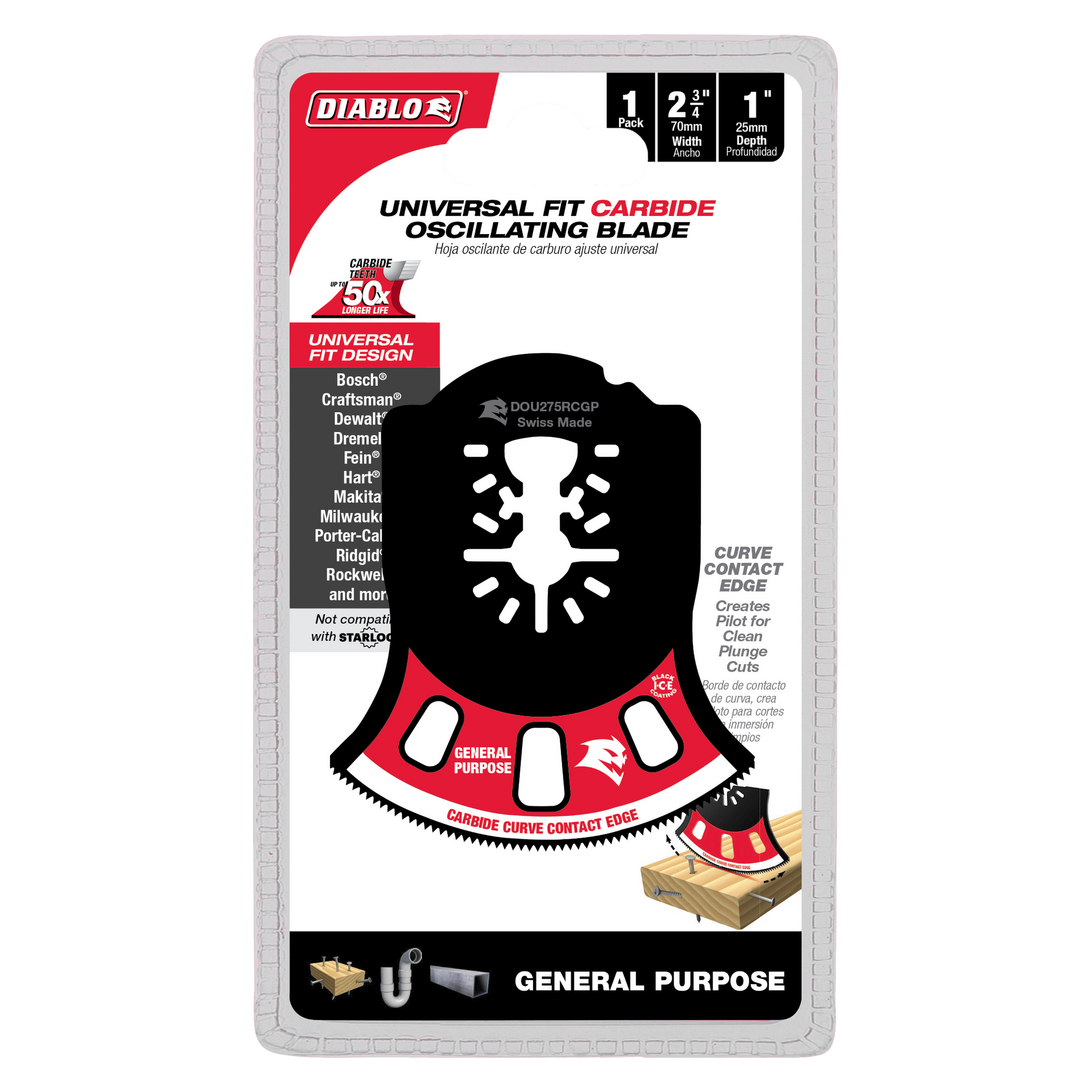 Diablo carbide oscillating blade with black and red design, curved cutting edge, and universal fit mounting for multi-tool us