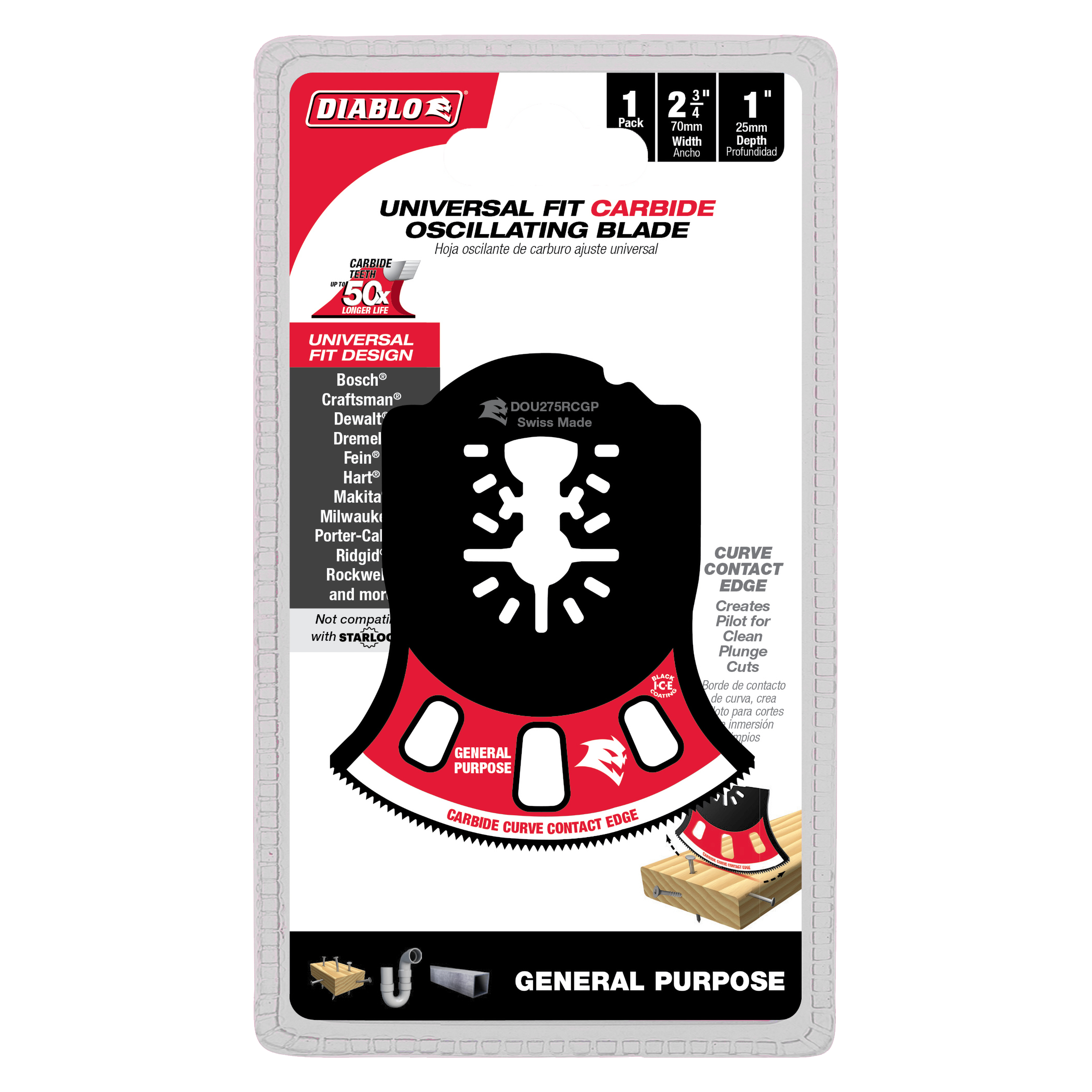Diablo carbide oscillating blade with black and red design, curved cutting edge, and universal fit mounting for multi-tool us