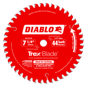 Diablo 7-1/4 inch circular saw blade with 44 teeth and 5/8 inch arbor, red with silver tooth tips.
