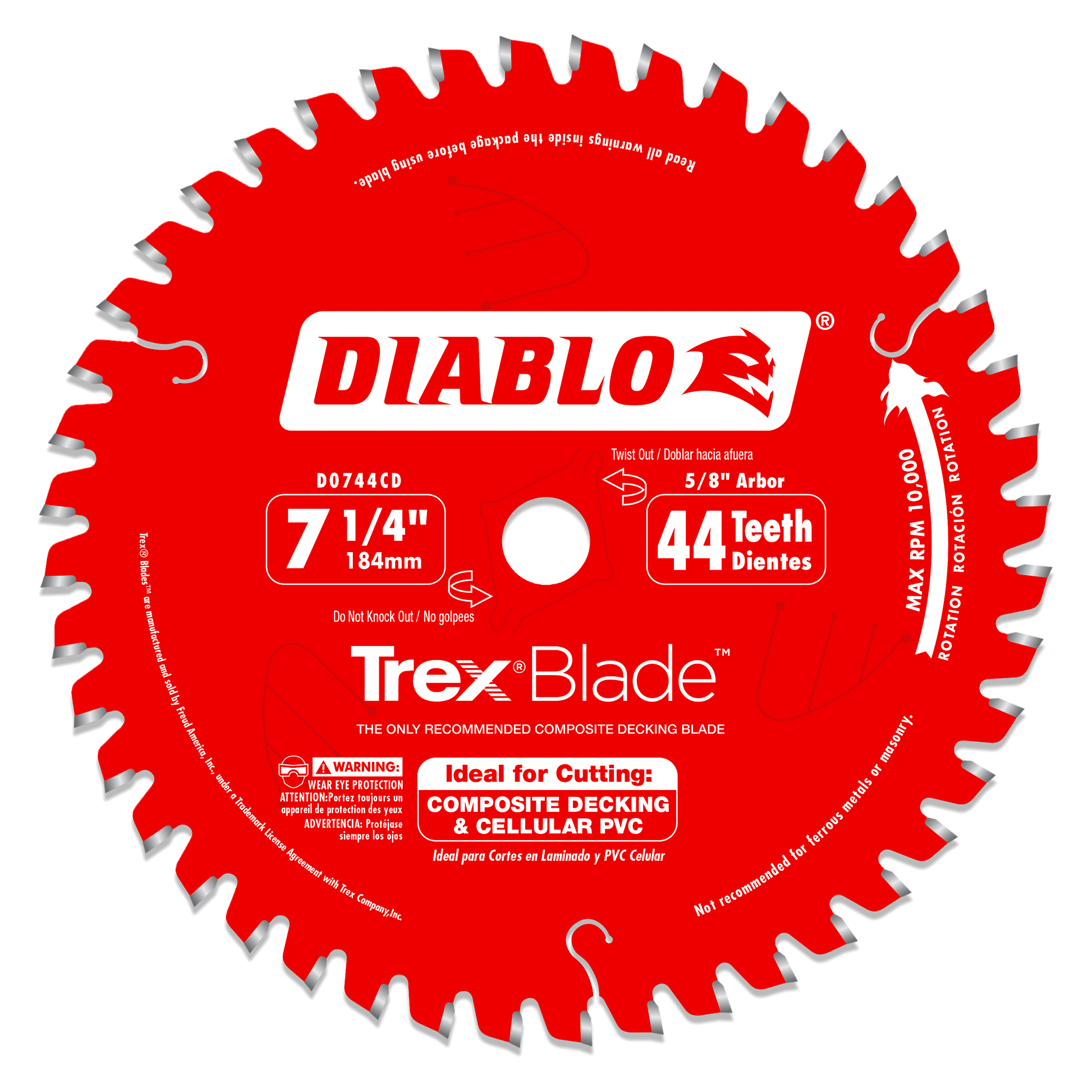 Diablo 7-1/4 inch circular saw blade with 44 teeth and 5/8 inch arbor, red with silver tooth tips.