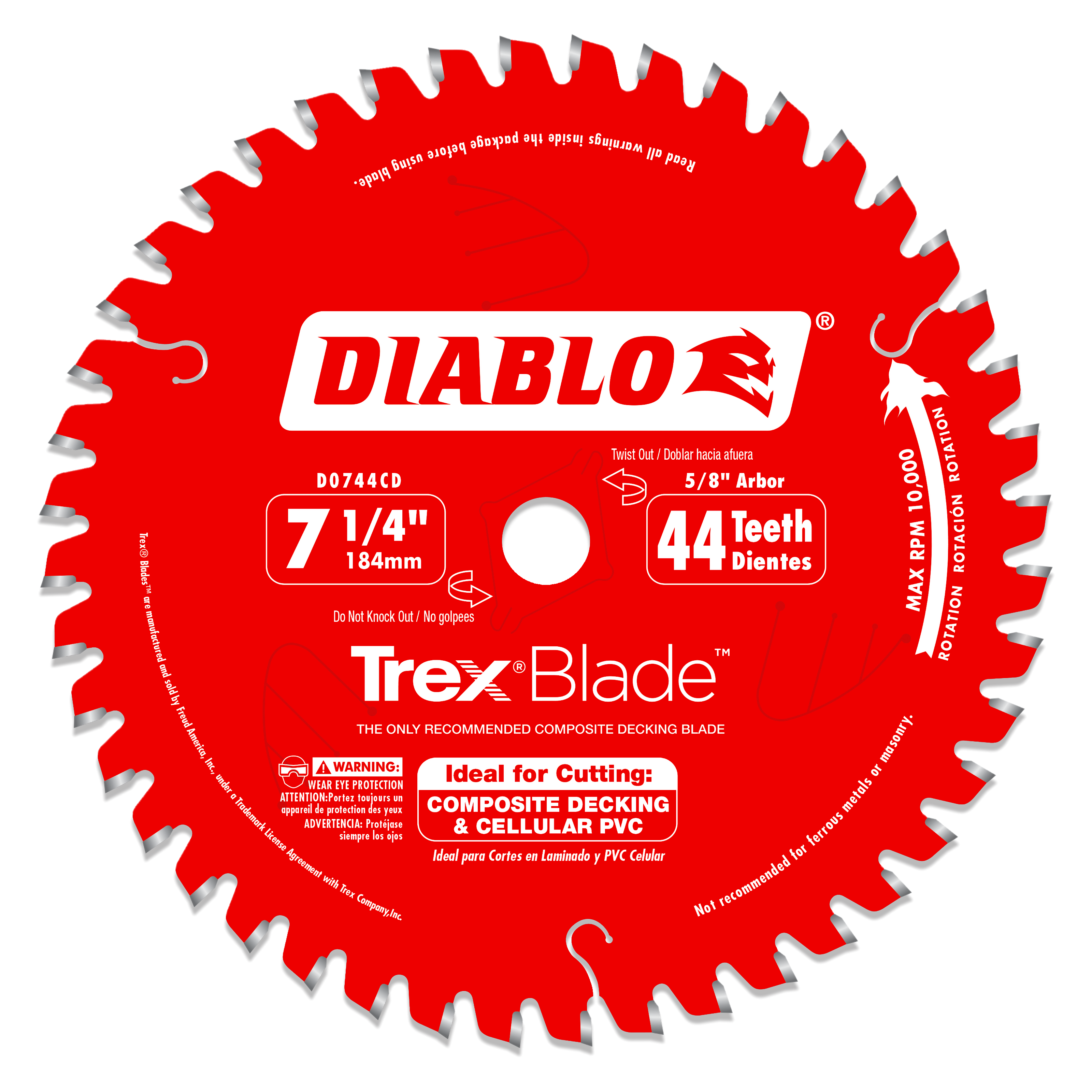 Diablo 7-1/4 inch circular saw blade with 44 teeth and 5/8 inch arbor, red with silver tooth tips.