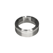 Stainless steel threaded ring component with grooved exterior and hollow center opening.