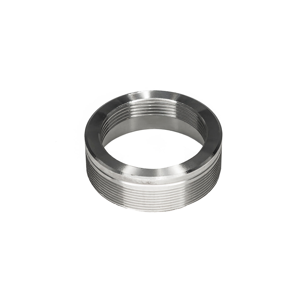 Stainless steel threaded ring component with grooved exterior and hollow center opening.