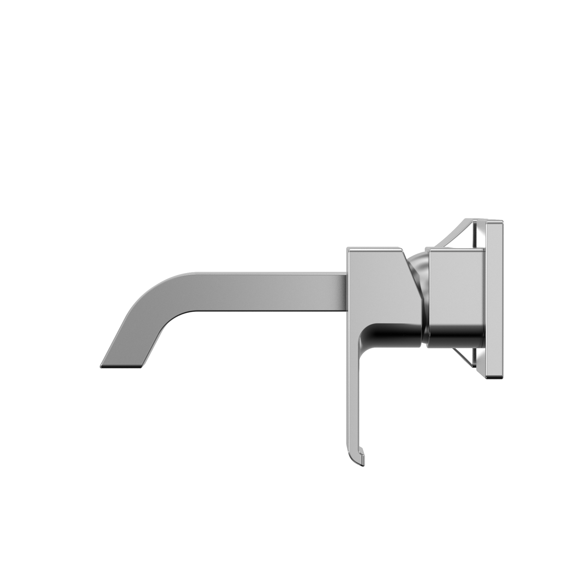 Polished chrome wall-mount bathroom faucet with single lever handle and curved spout.