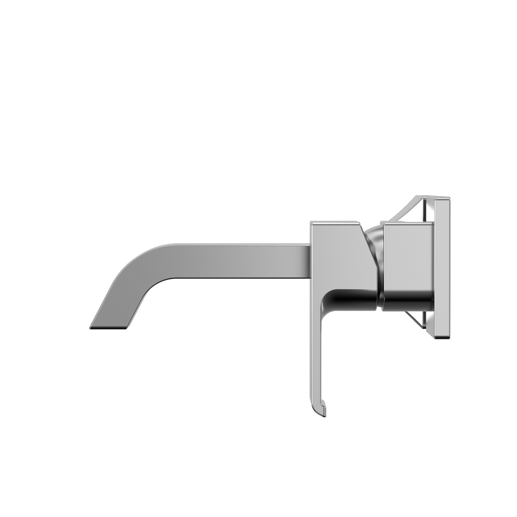 Polished chrome wall-mount bathroom faucet with single lever handle and curved spout.