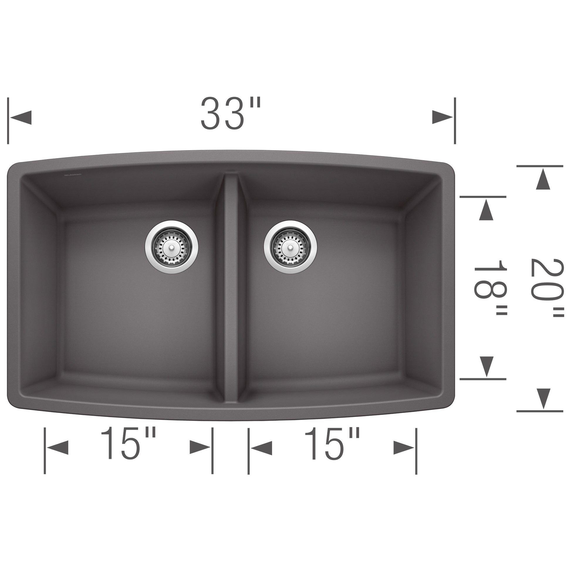 Dark gray double bowl undermount kitchen sink with rounded edges, two drains, and dimensions of 33" width, 20" depth, and 18"