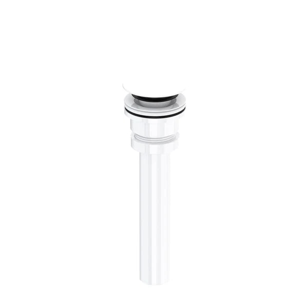 White push drain with chrome top collar and black rubber seal for universal sink installation.