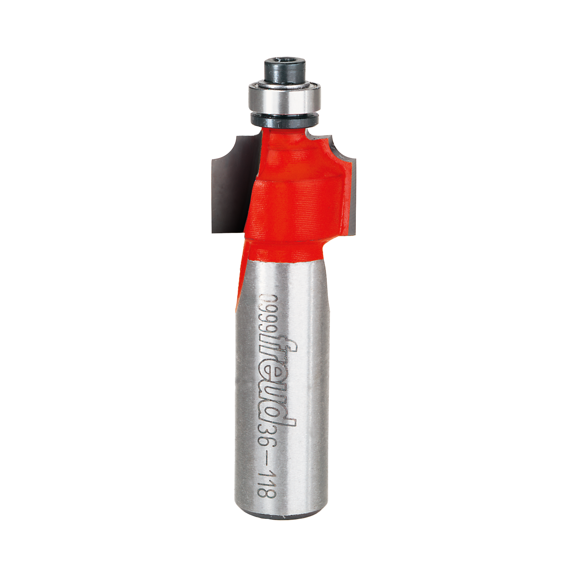 Freud beading bit with red plastic body and silver metal shank, featuring 1/8" radius cutting profile.