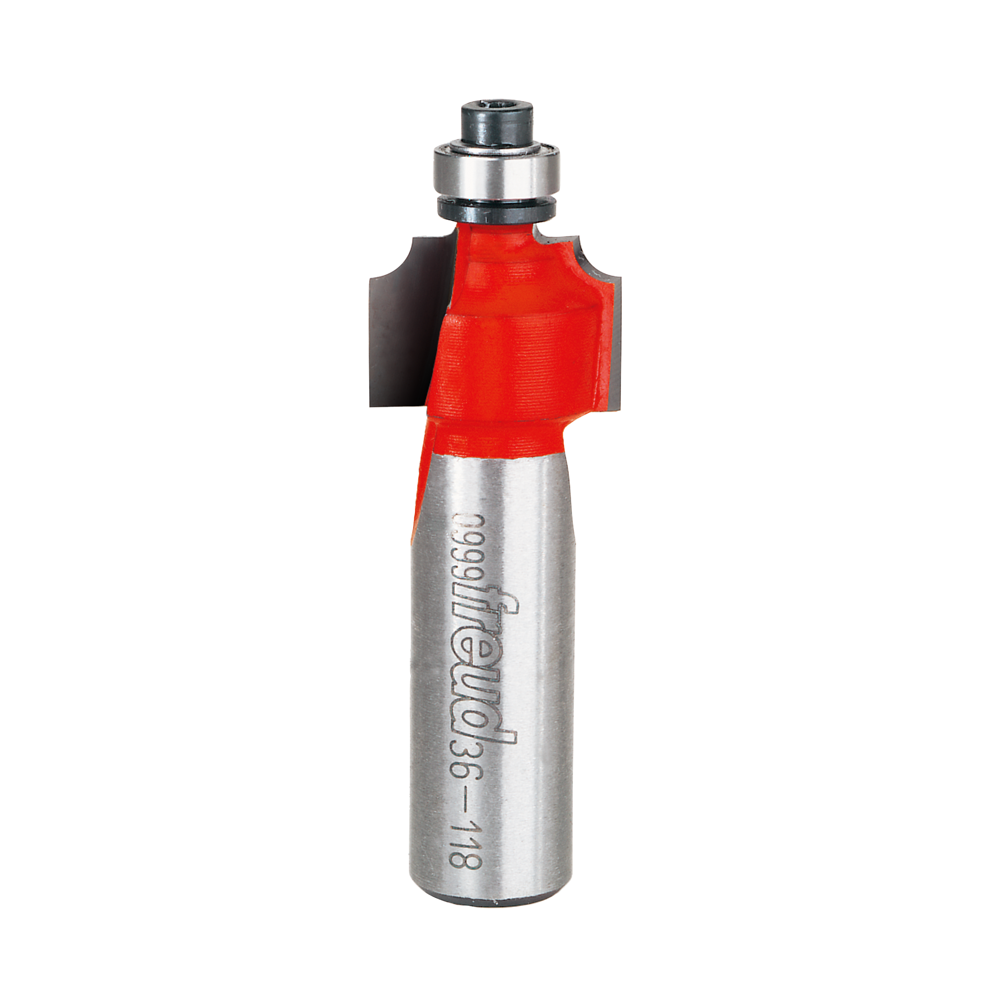 Freud beading bit with red plastic body and silver metal shank, featuring 1/8" radius cutting profile.