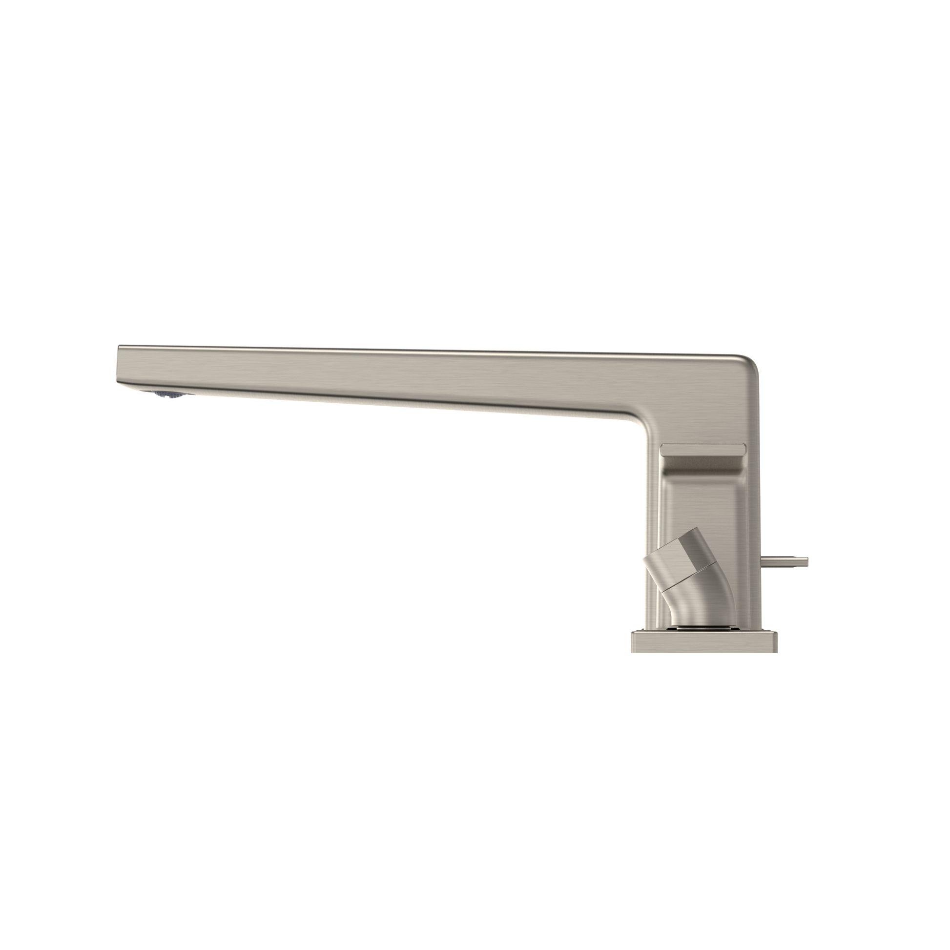 Brushed nickel two-handle deck-mount roman tub filler with curved spout and detachable handshower.