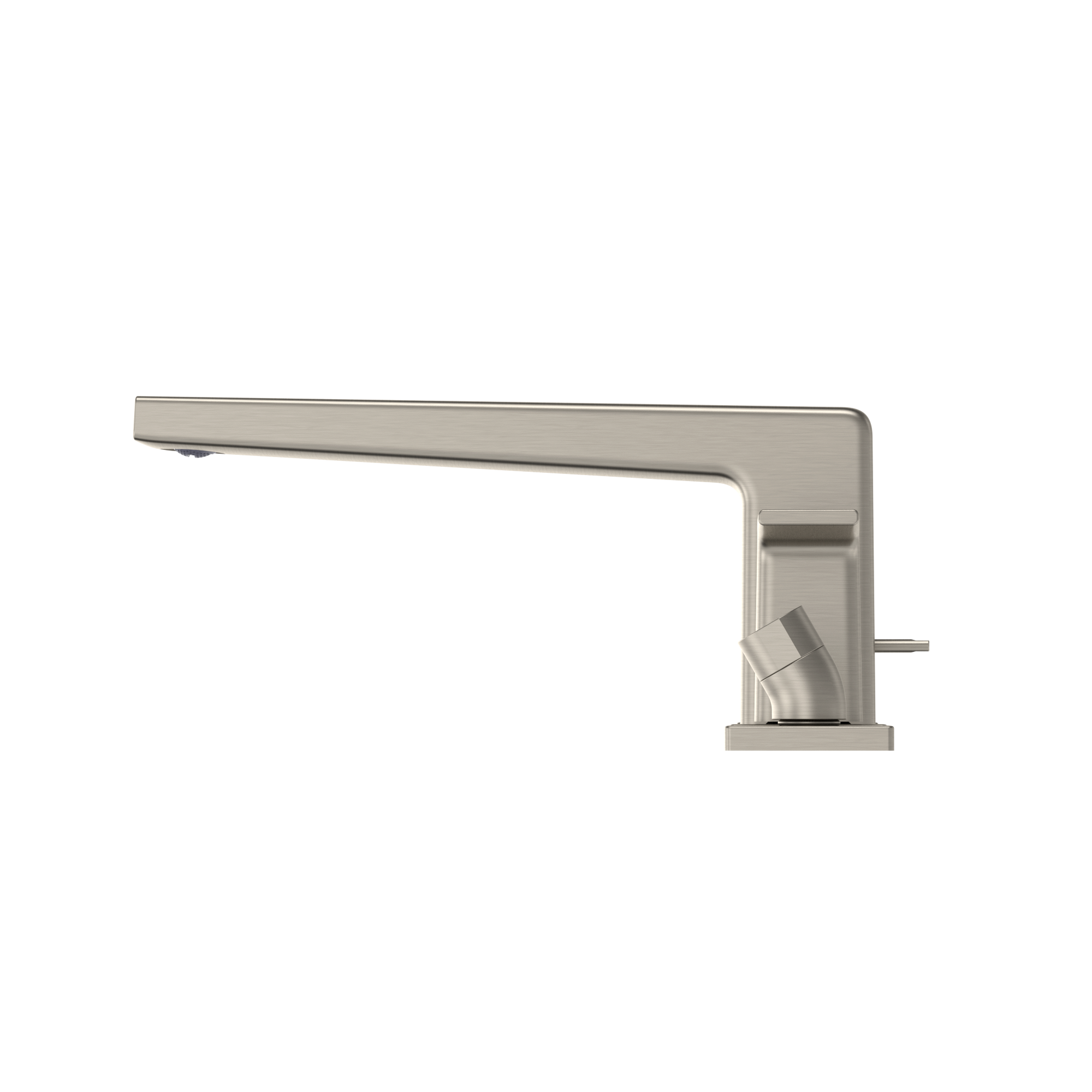 Brushed nickel two-handle deck-mount roman tub filler with curved spout and detachable handshower.