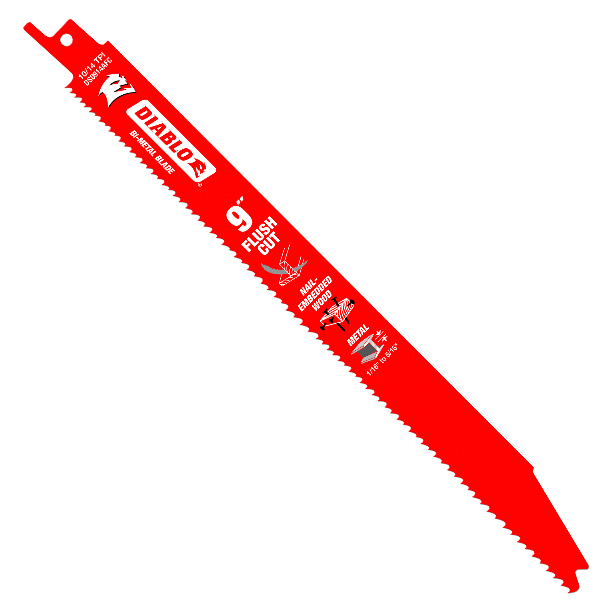 Red Diablo 9-inch flush cut reciprocating saw blade with serrated edge and mounting hole at top.