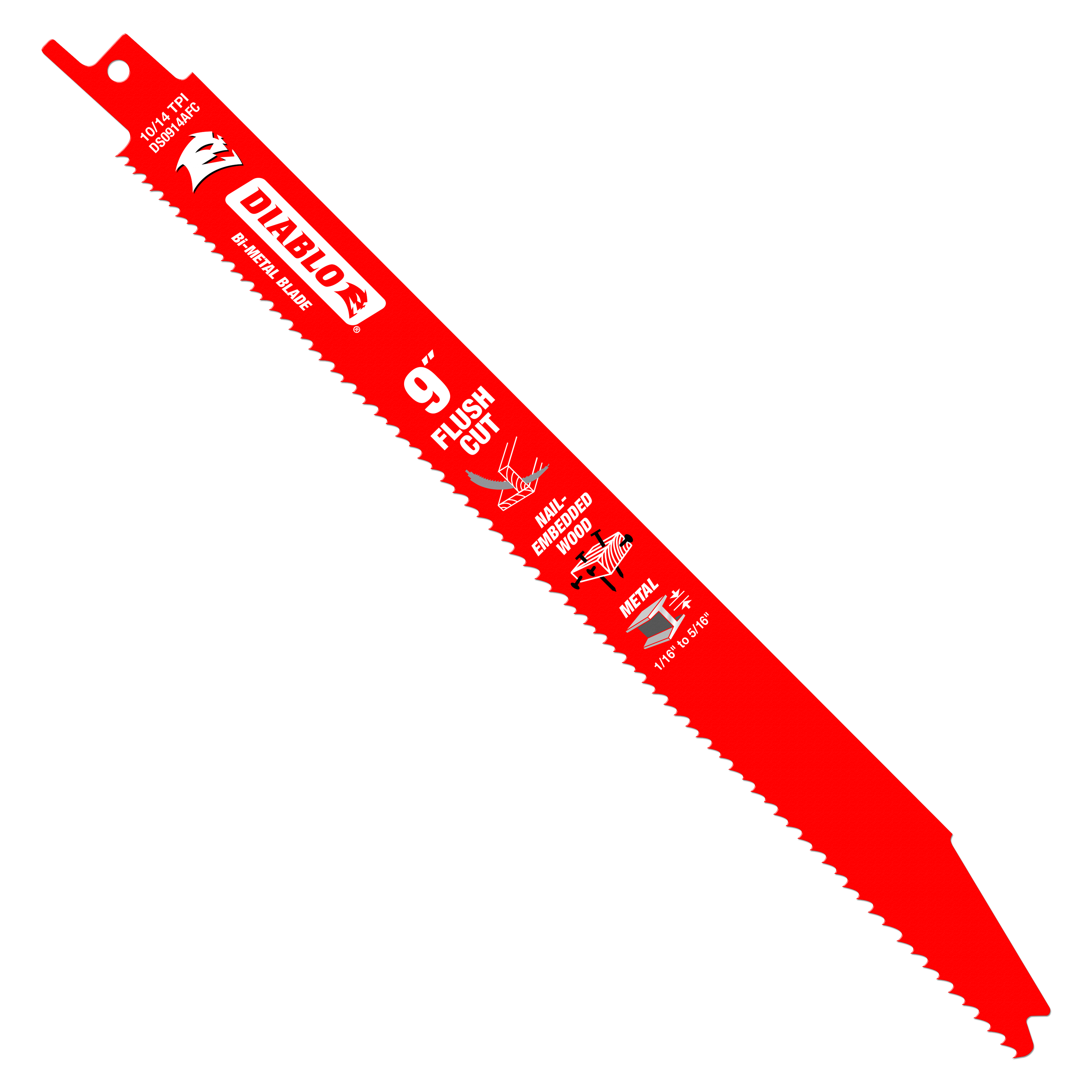 Red Diablo 9-inch flush cut reciprocating saw blade with serrated edge and mounting hole at top.