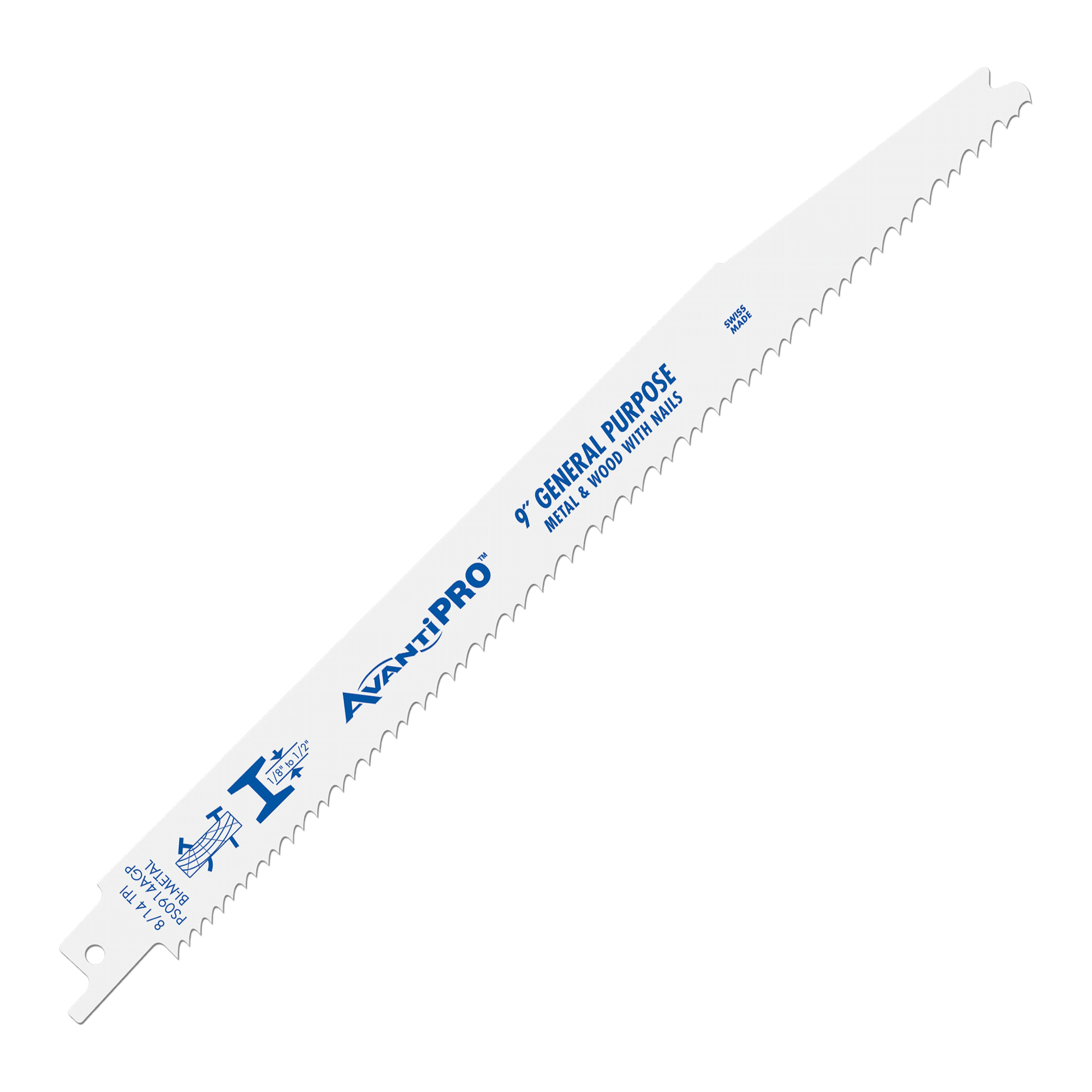 Nine-inch bi-metal reciprocating saw blade with serrated cutting edge and mounting pin at base.