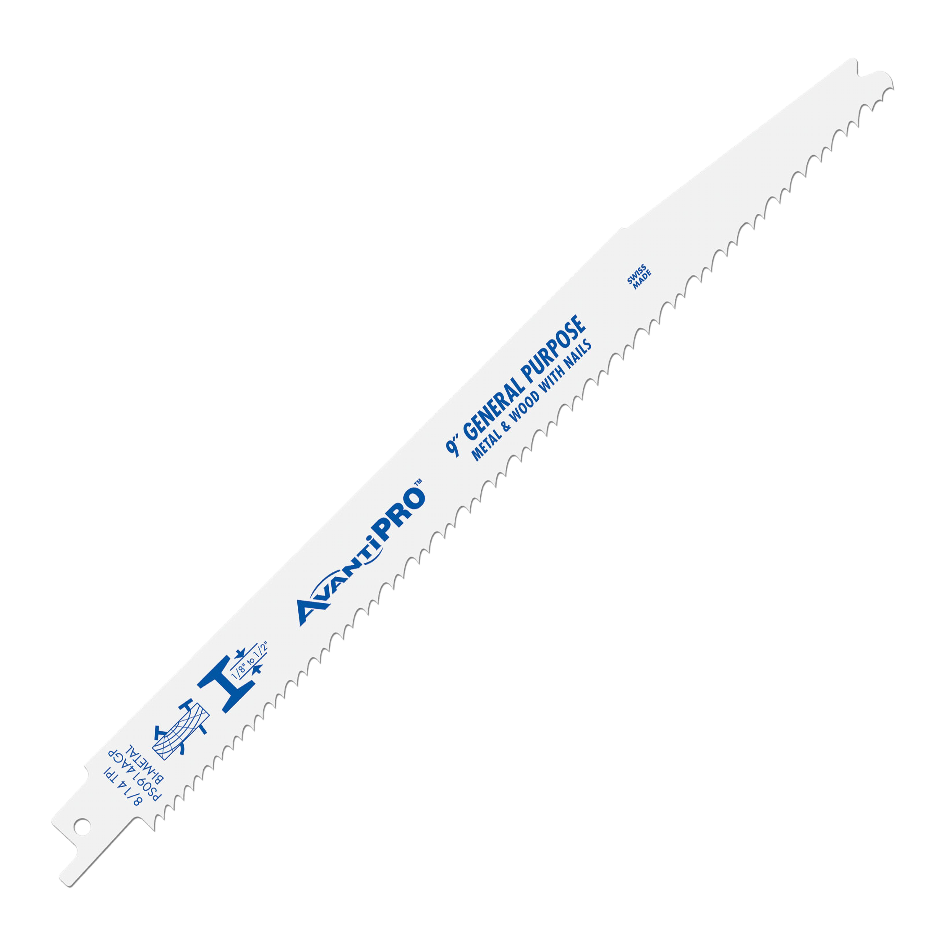 AvantiPro 9-inch bi-metal reciprocating saw blade with serrated cutting edge and mounting pin.