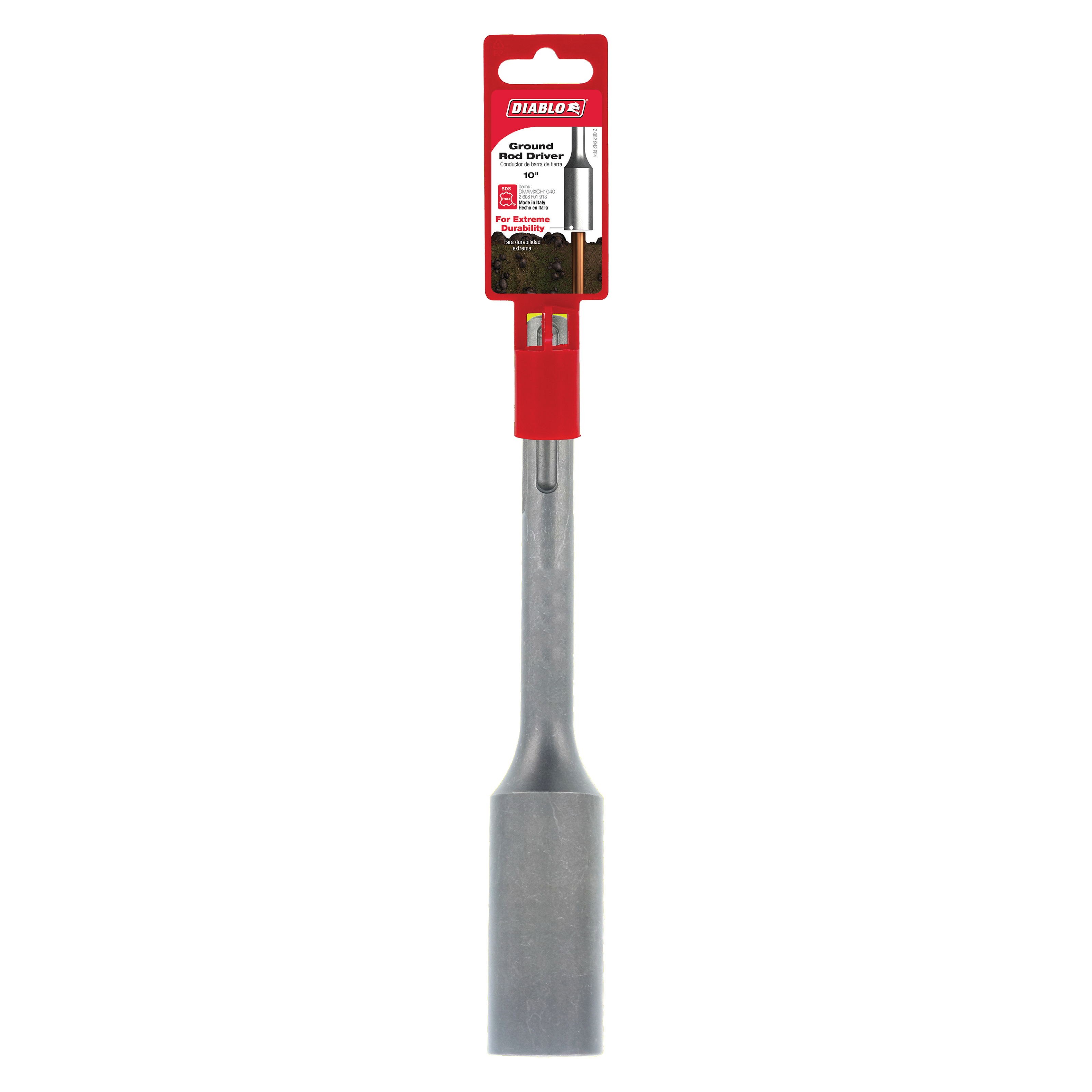 Diablo 10-inch SDS-Max ground rod driver with red grip handle and metal shaft, displayed with packaging.