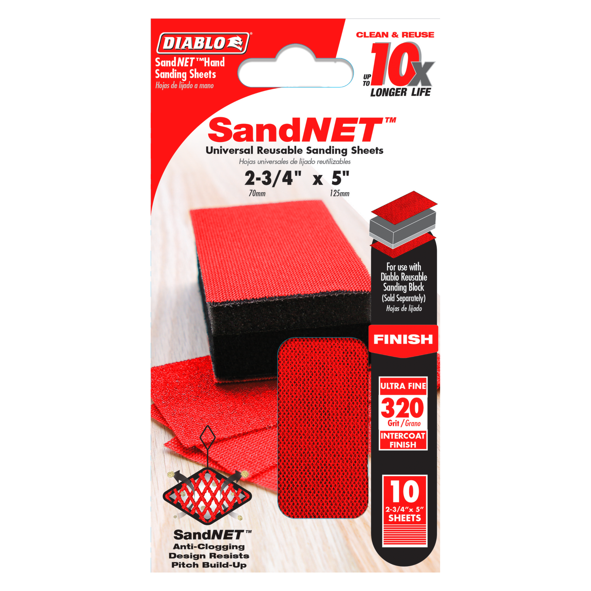 Ten red 320-grit SandNET reusable sanding sheets, 2-3/4 by 5 inches, with anti-clogging mesh design.