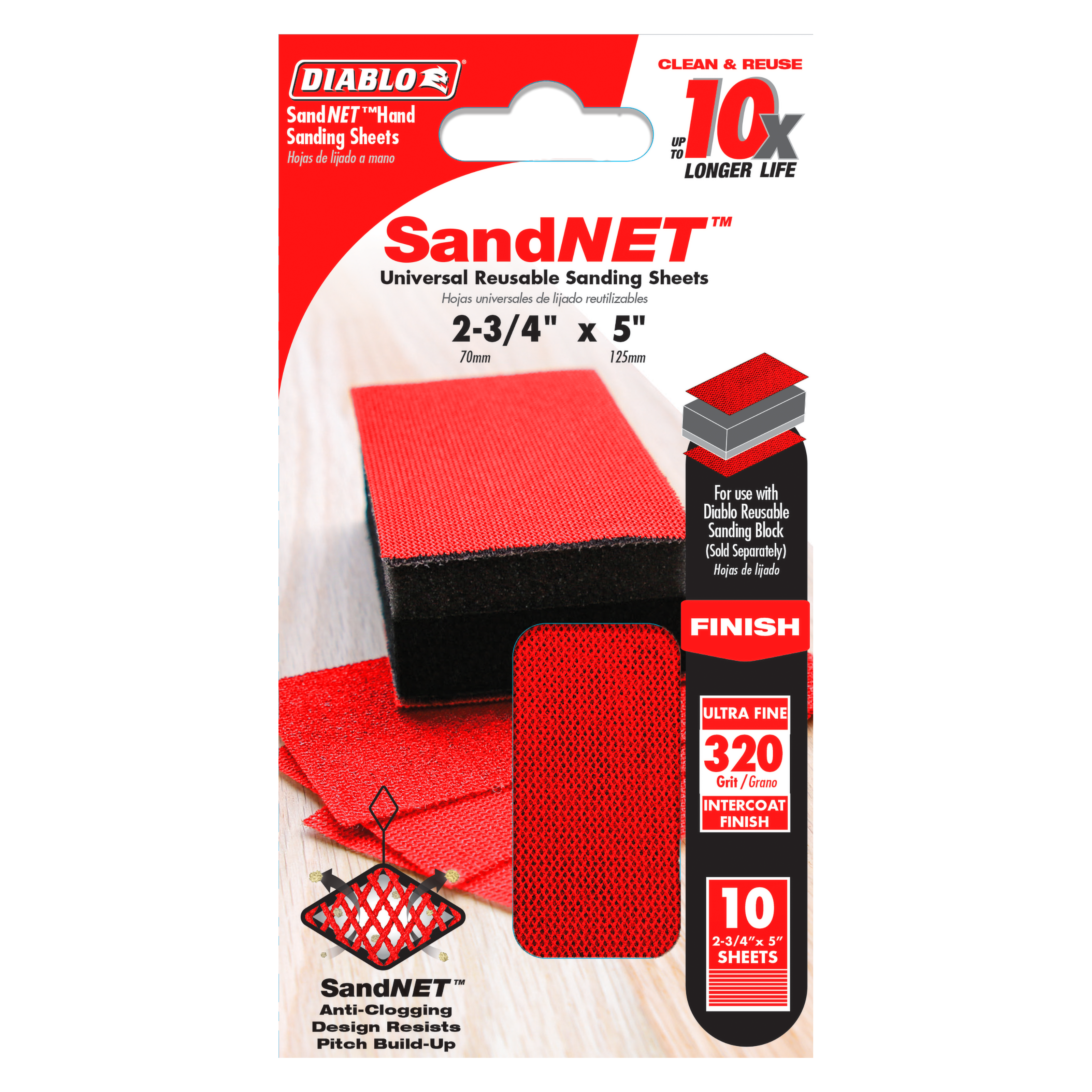 Ten red 320-grit SandNET reusable sanding sheets, 2-3/4 by 5 inches, with anti-clogging mesh design.