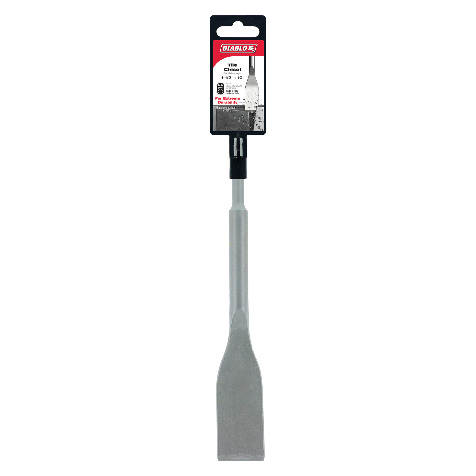 Diablo tile chisel with gray steel blade and black SDS-Plus connection head, packaged in black and red branded packaging.
