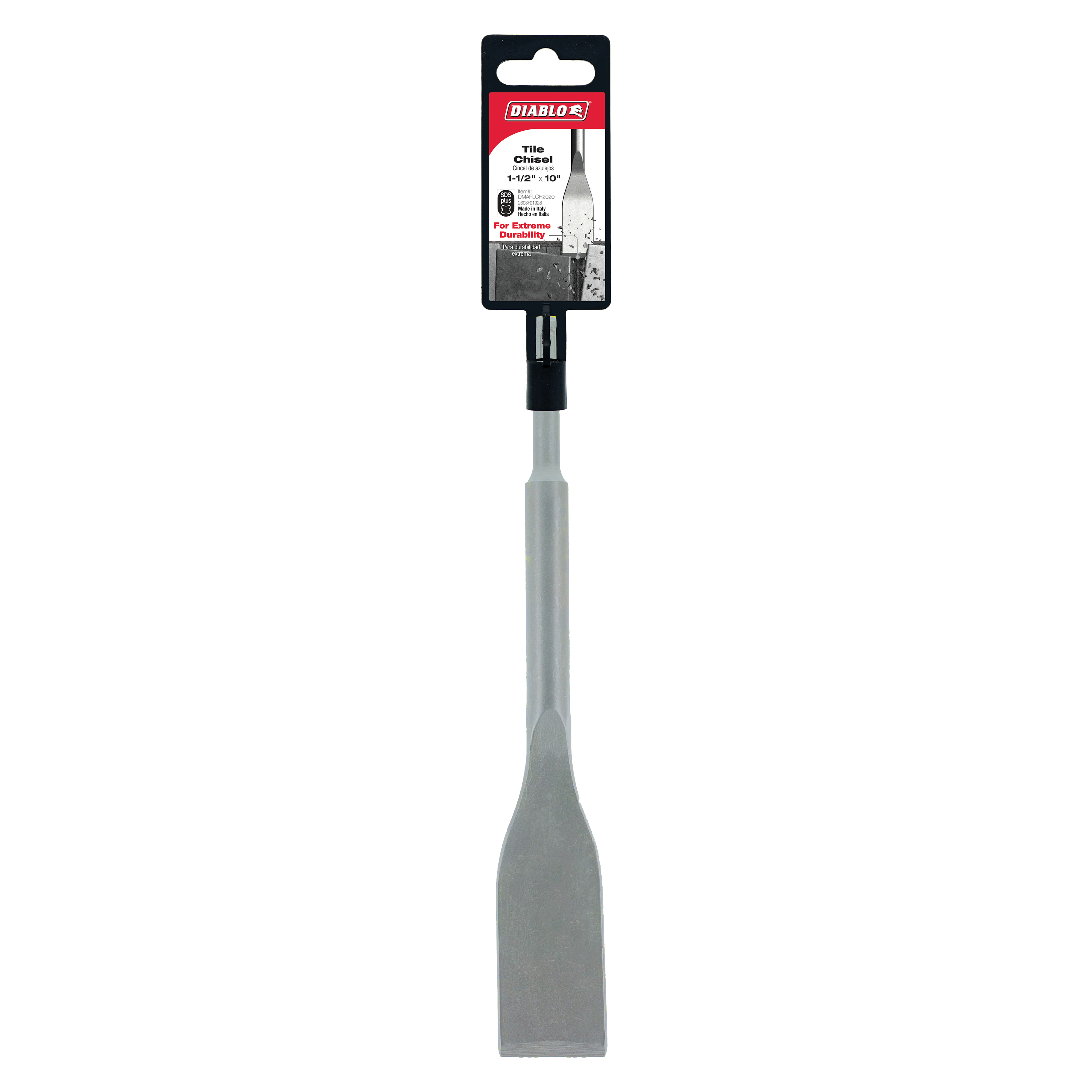 Diablo tile chisel with gray steel blade and black SDS-Plus connection head, packaged in black and red branded packaging.