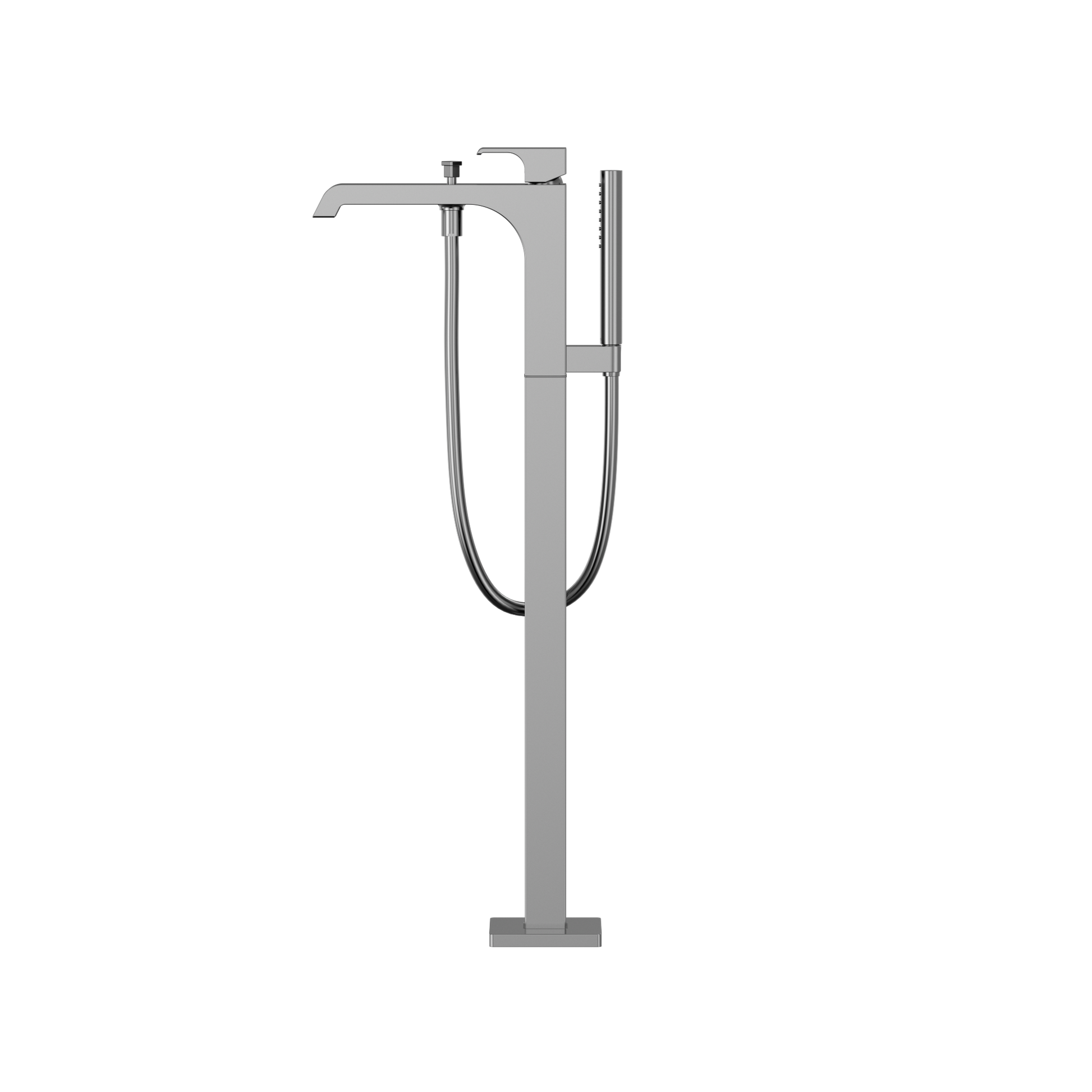 Polished chrome free-standing tub filler with single handle, curved spout, and detachable handshower on hose.