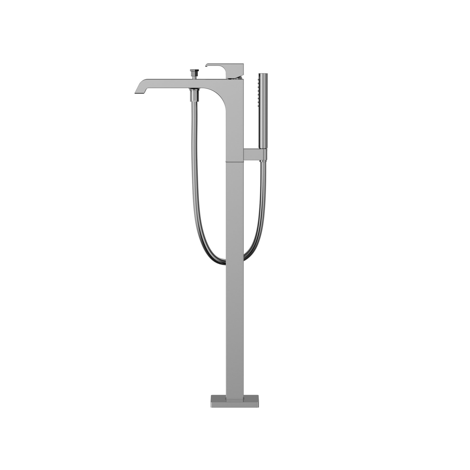 Polished chrome free-standing tub filler with single handle, curved spout, and detachable handshower on hose.