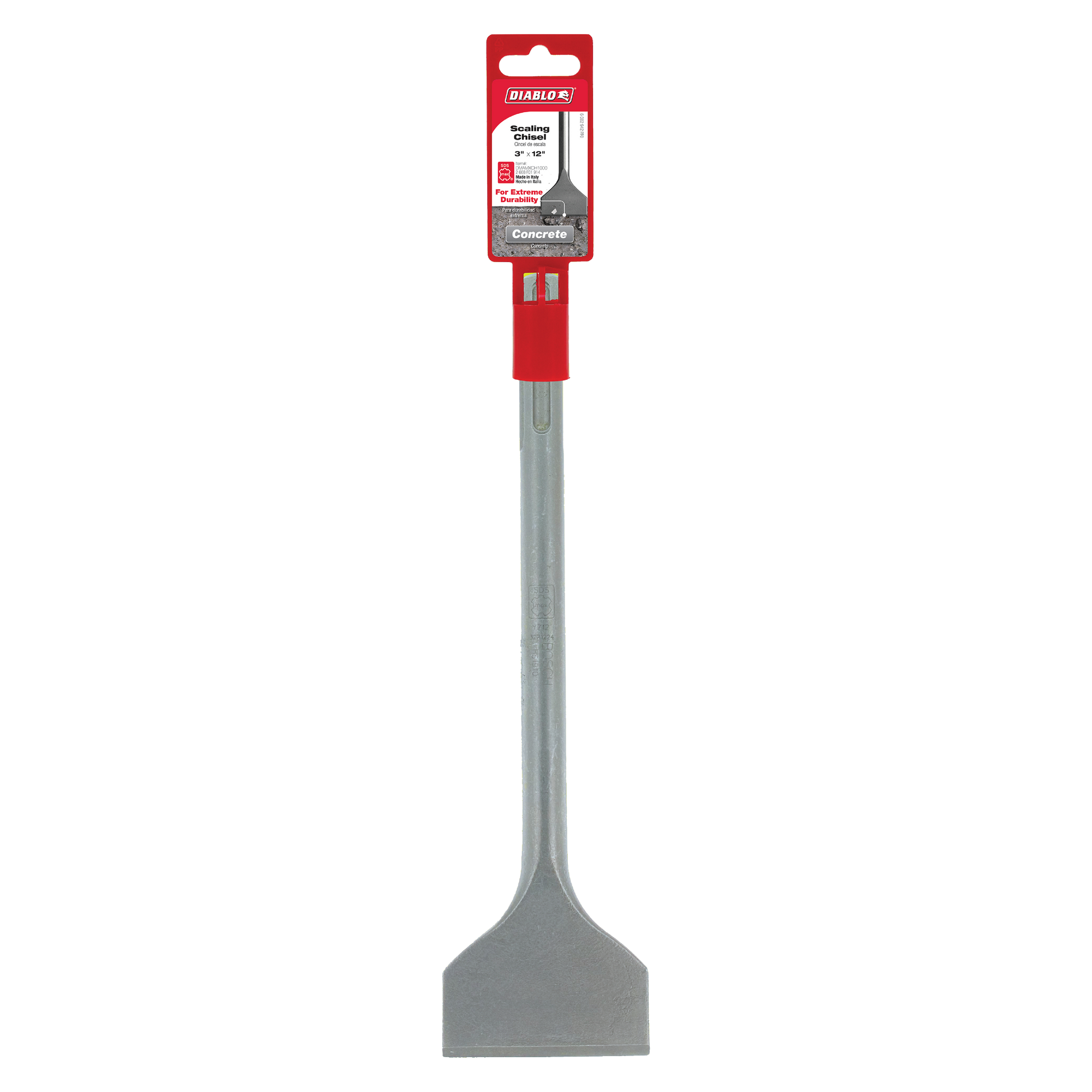 Diablo SDS-Max scaling chisel with red handle and gray steel flat blade for concrete removal.