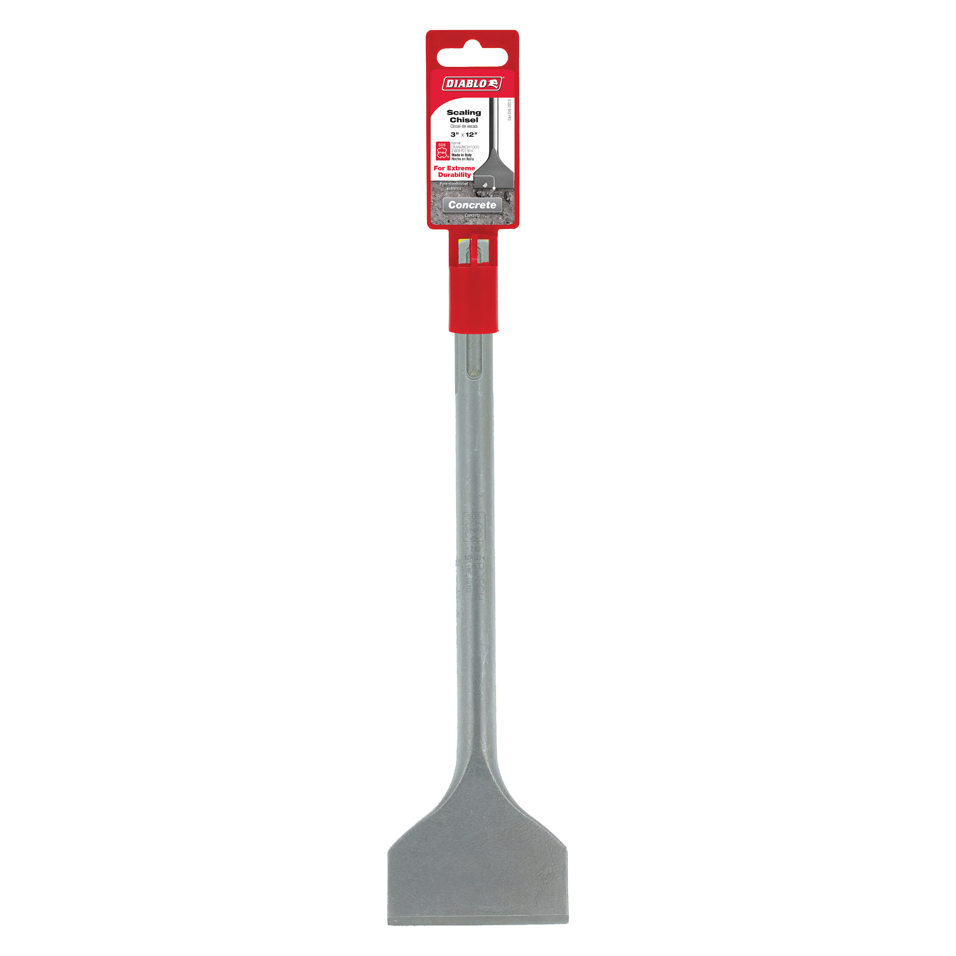 Diablo SDS-Max scaling chisel with red handle and gray steel flat blade for concrete removal.