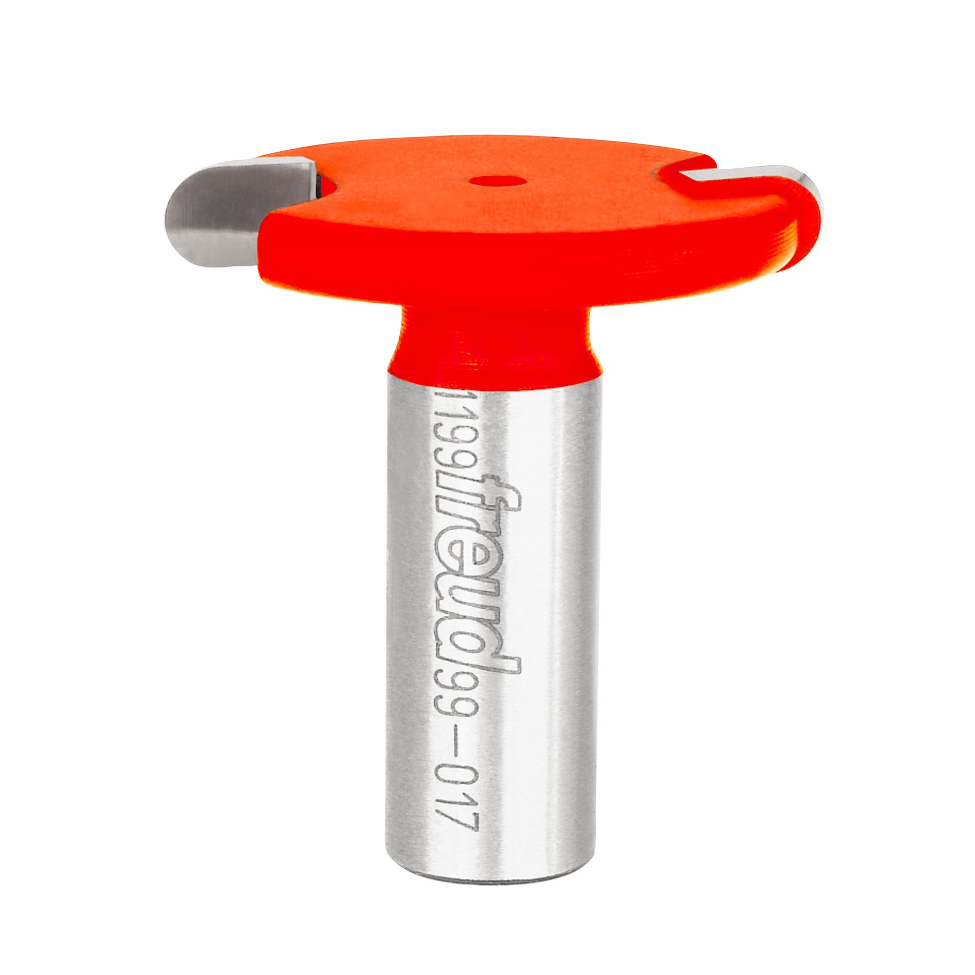 Red and silver router bit with rounded cutting edge and T-shaped handle.