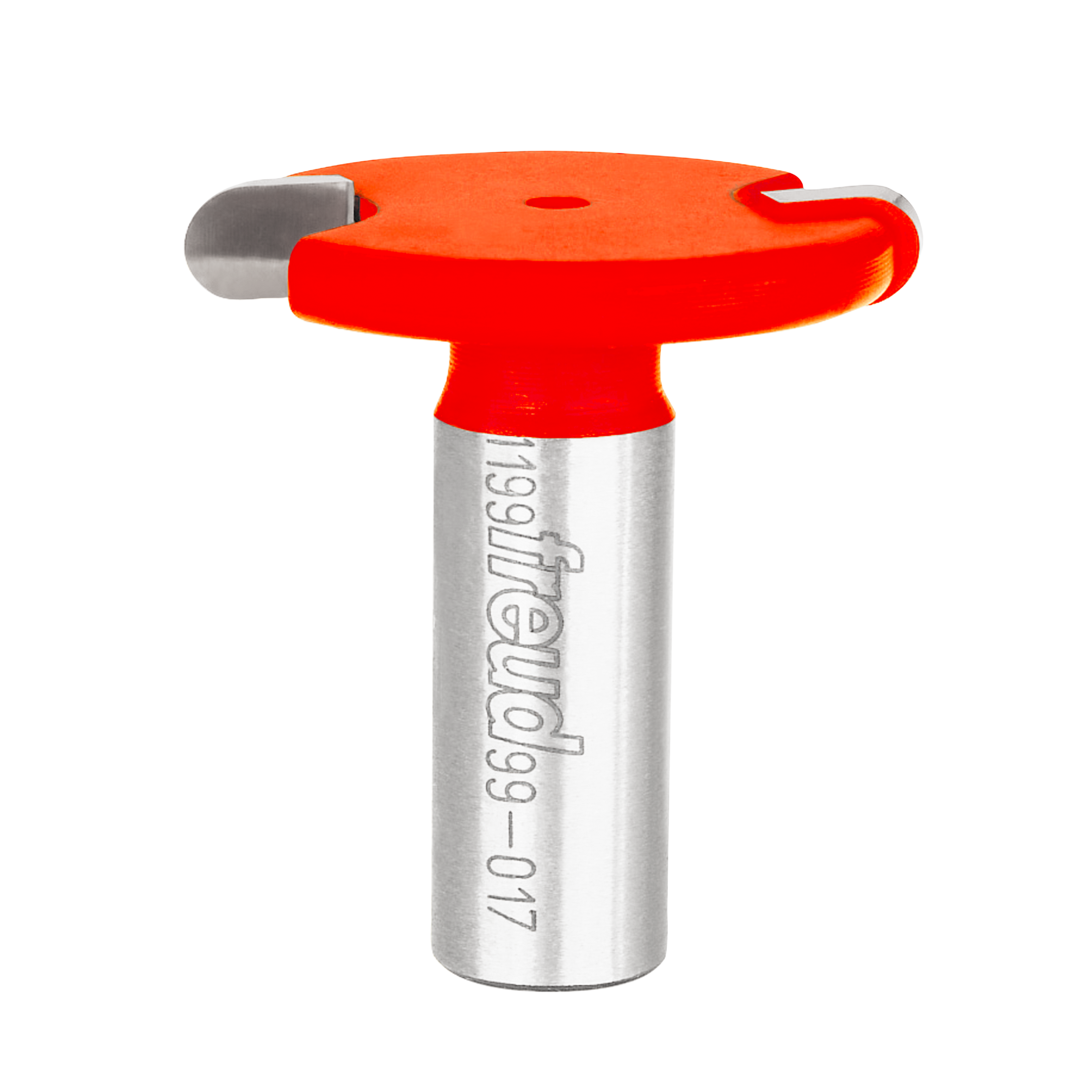 Red and silver router bit with rounded cutting edge and T-shaped handle.