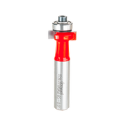 Silver router bit with red cutting head and bearing guide assembly on white background.