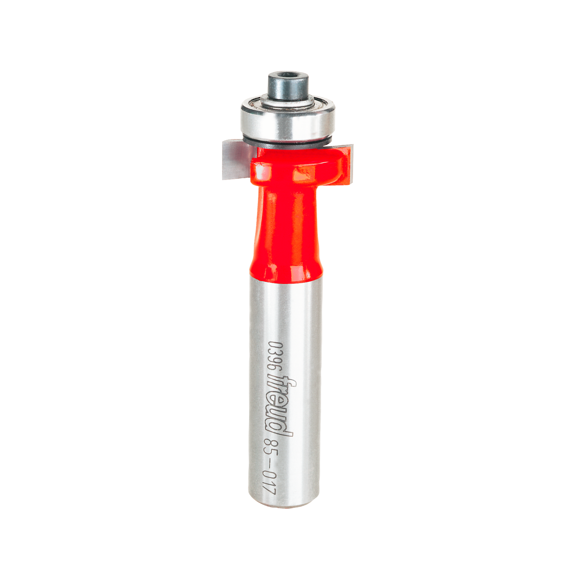Silver router bit with red cutting head and bearing guide assembly on white background.