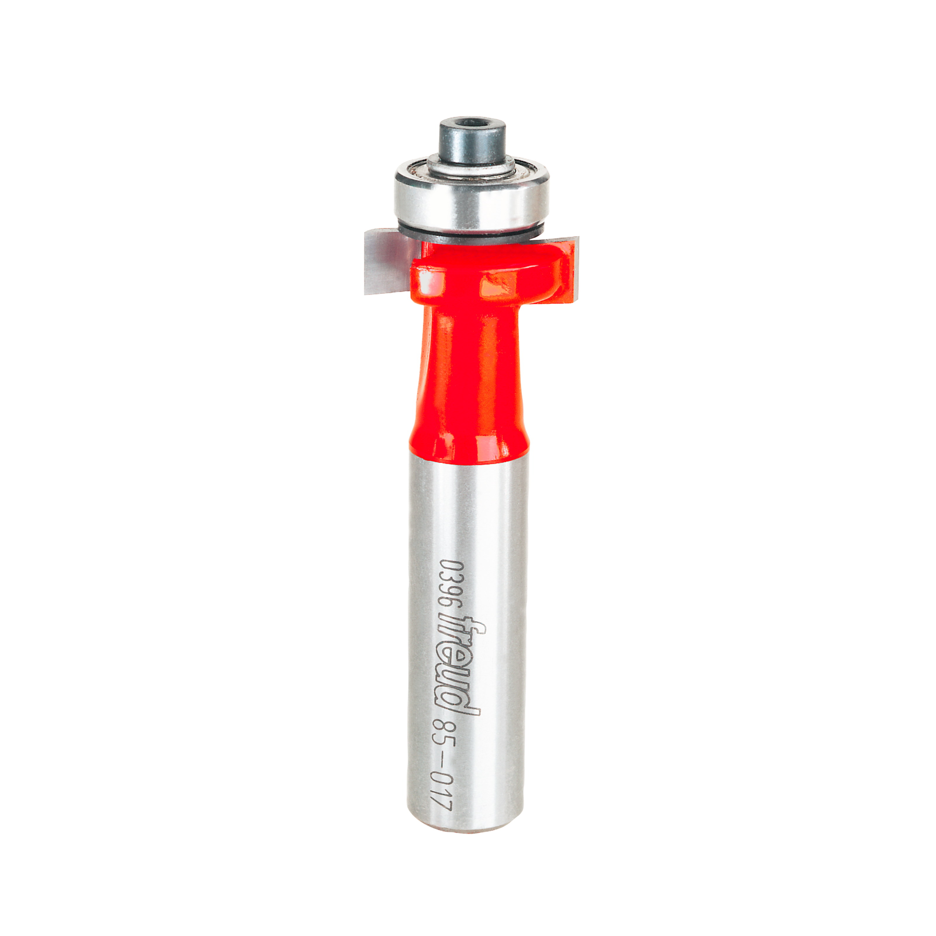 Silver router bit with red cutting head and bearing guide assembly on white background.