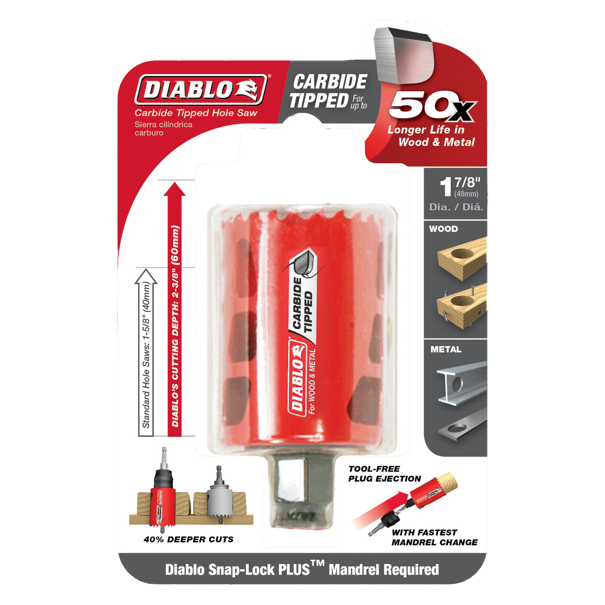 Diablo carbide-tipped holesaw with red plastic casing, showing 1-7/8 inch diameter bit and packaging details for wood and met