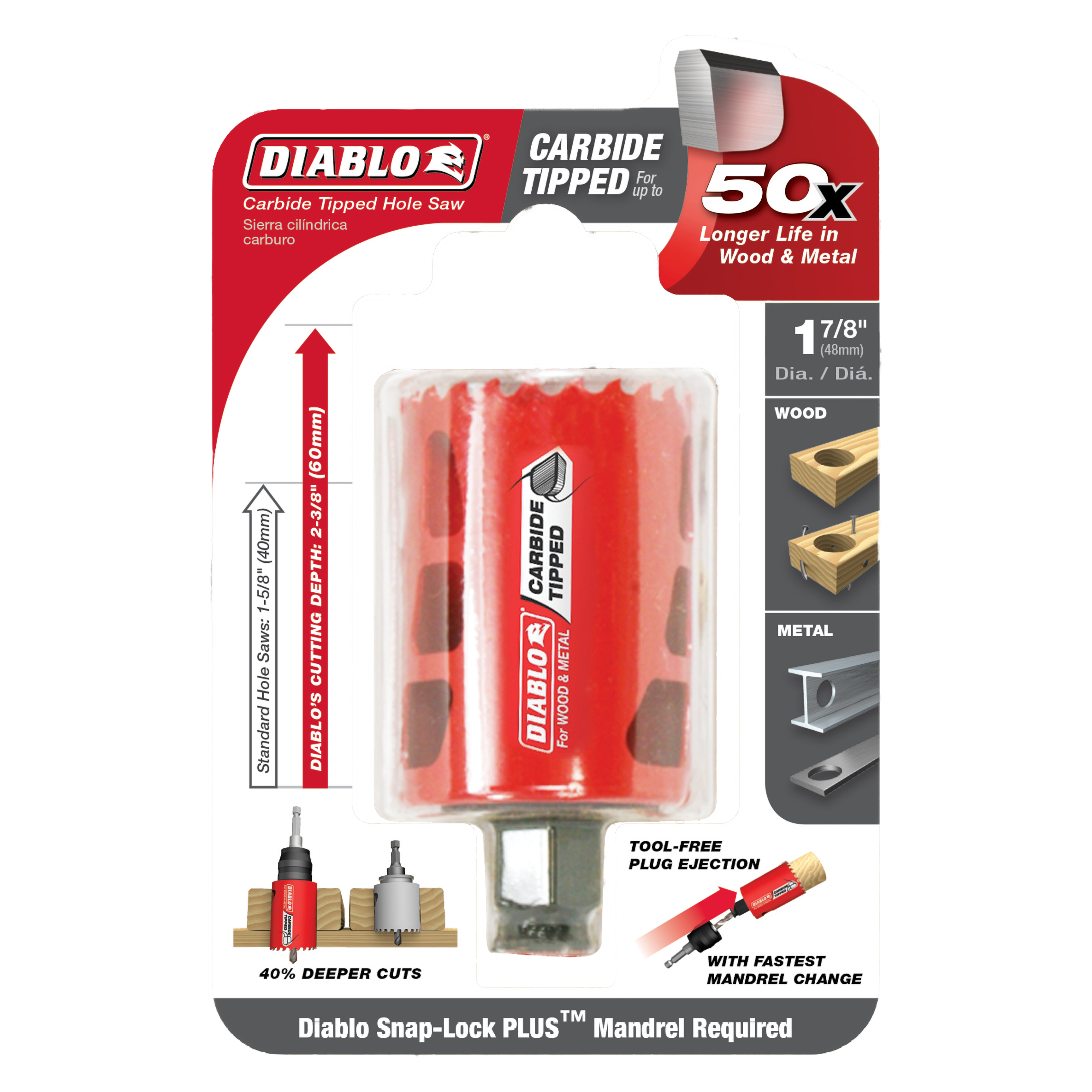 Diablo carbide-tipped holesaw with red plastic casing, showing 1-7/8 inch diameter bit and packaging details for wood and met