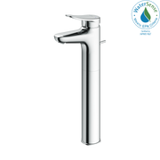 Polished chrome single-handle vessel faucet with tall cylindrical body and curved spout.