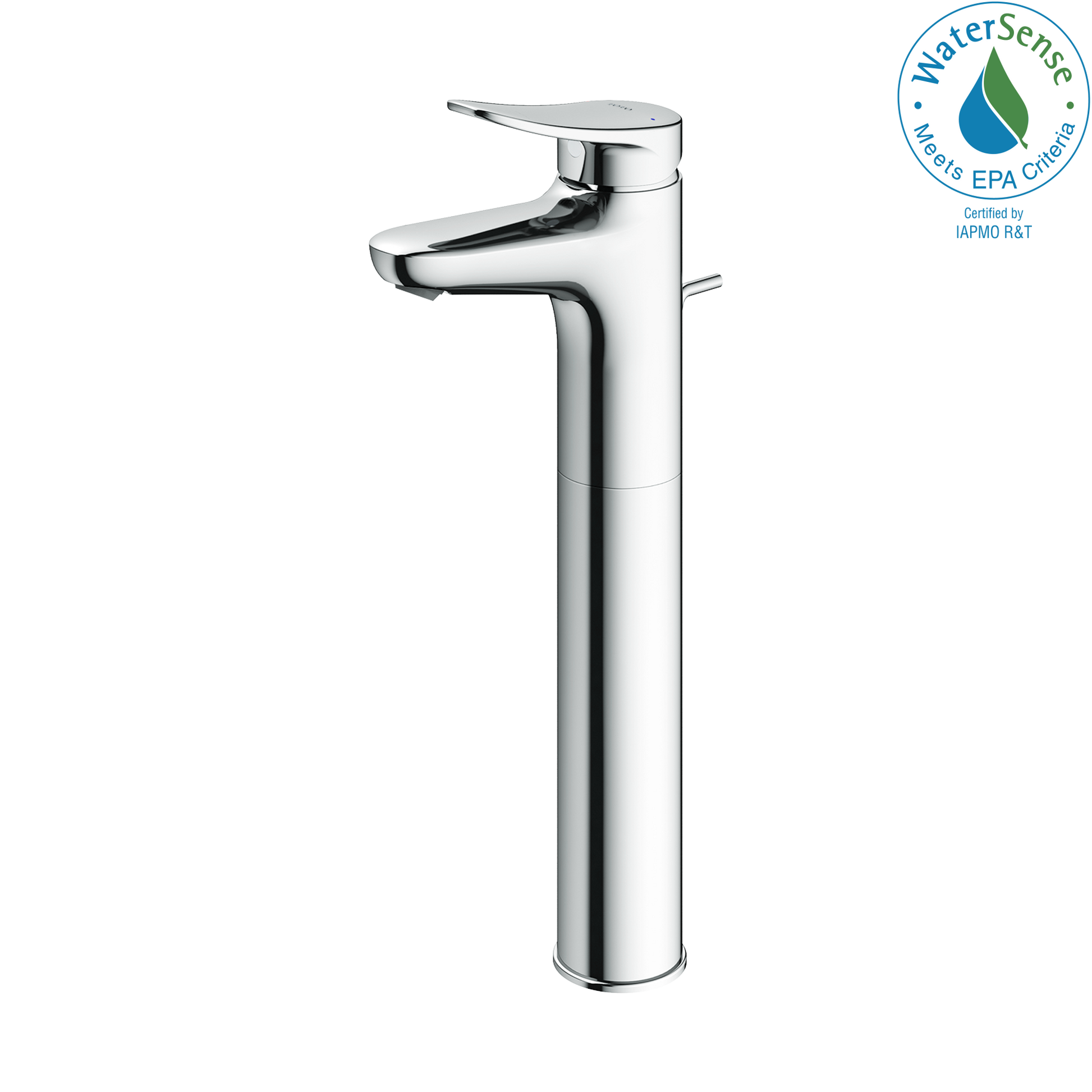 Polished chrome single-handle vessel faucet with tall cylindrical body and curved spout.