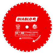 Red circular saw blade with 40 white teeth around the perimeter and white Diablo branding and specifications on the red surfa