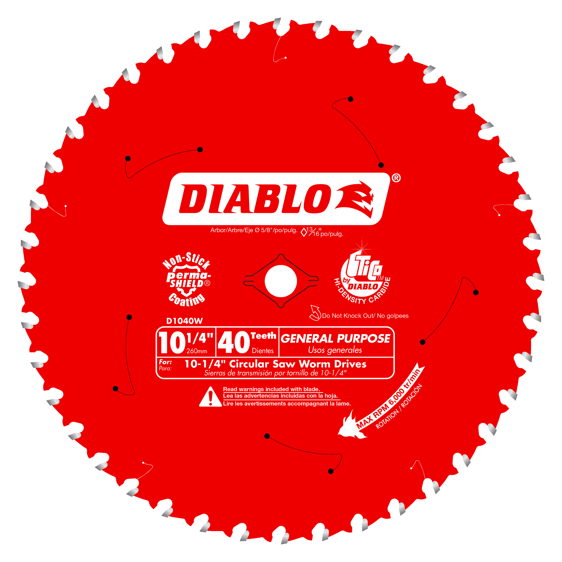 Red circular saw blade with 40 white teeth around the perimeter and white Diablo branding and specifications on the red surfa