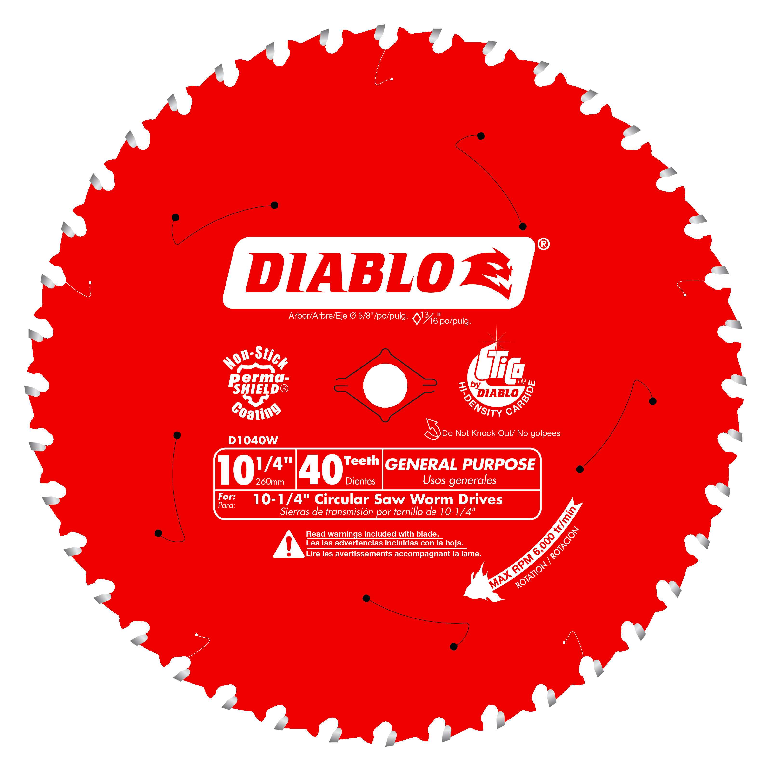 Red circular saw blade with 40 white teeth around the perimeter and white Diablo branding and specifications on the red surfa