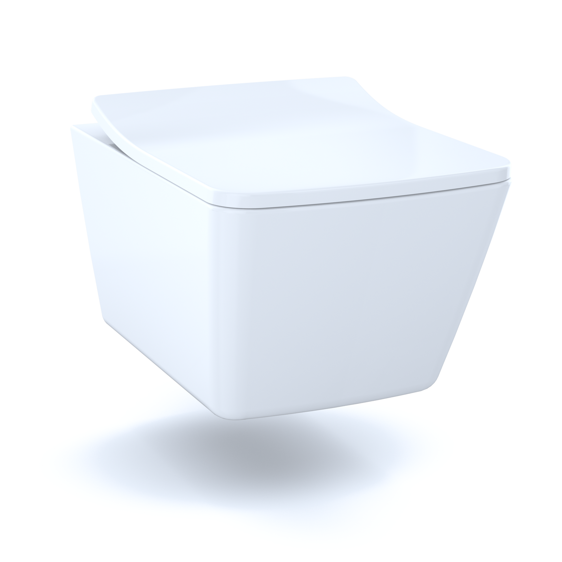 White square toilet seat and lid with soft-close mechanism for wall-hung toilet.