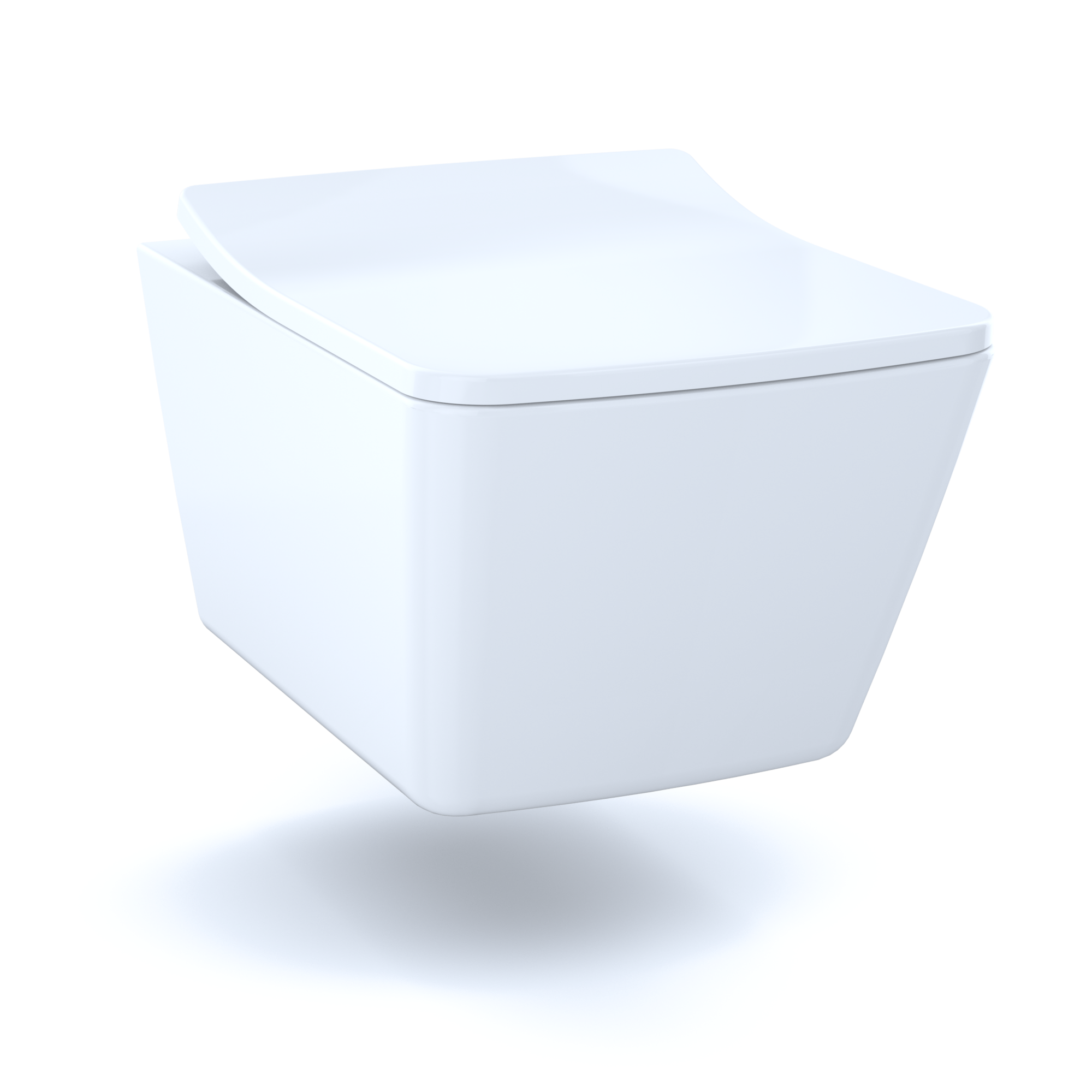 White square toilet seat and lid with soft-close mechanism for wall-hung toilet.