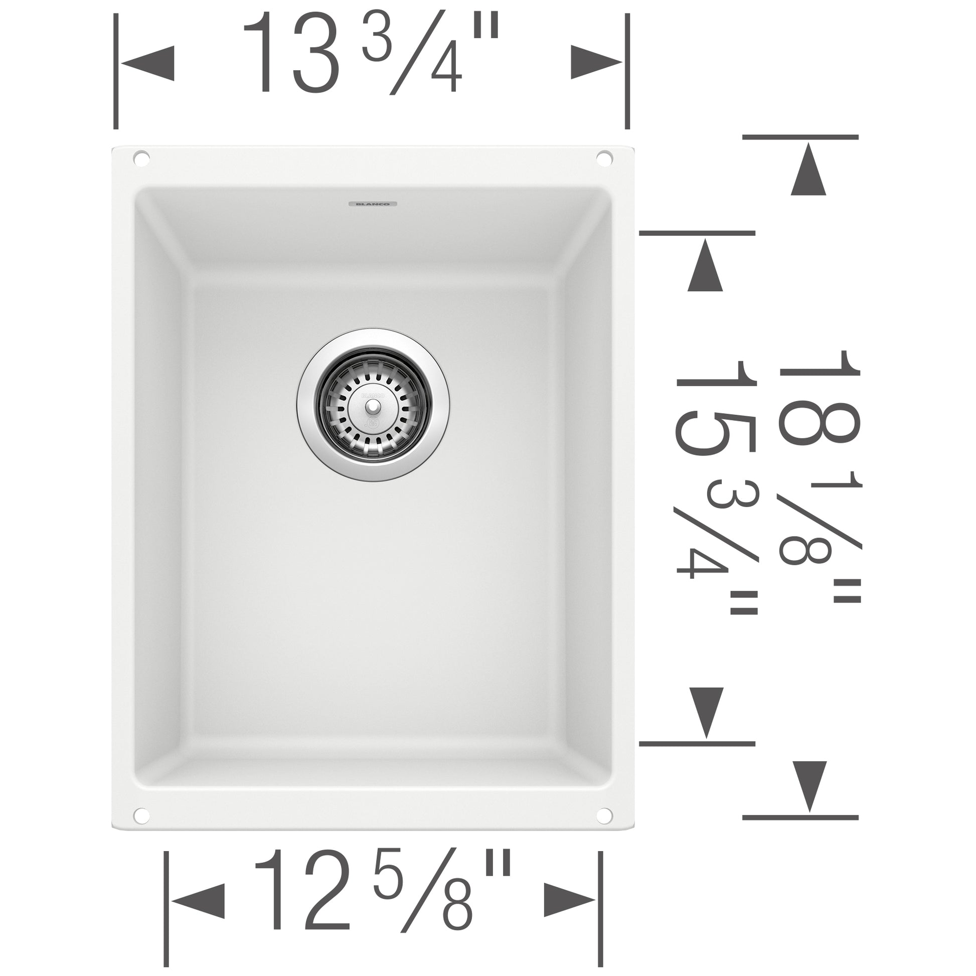 White undermount kitchen sink with single basin, stainless steel strainer, measuring 13¾" wide by 12⅝" deep.
