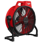 Red and black Milwaukee M18 brushless fan with 18-inch blade and black stand legs.