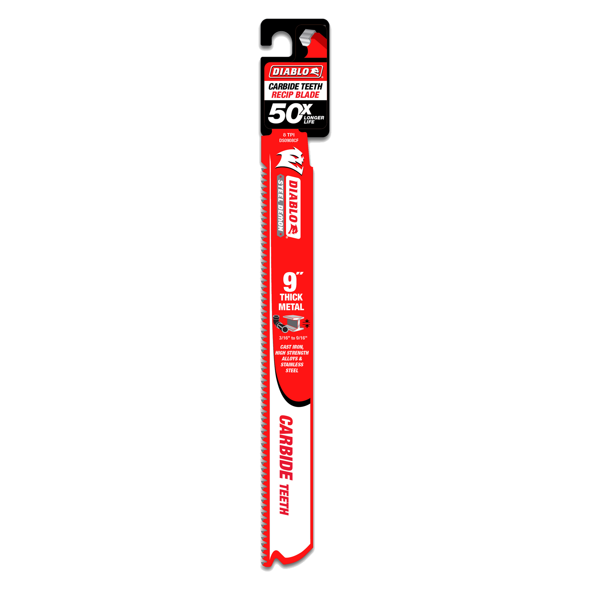 Nine-inch Diablo Steel Demon carbide reciprocating saw blade with red packaging showing 50% longer life claim.