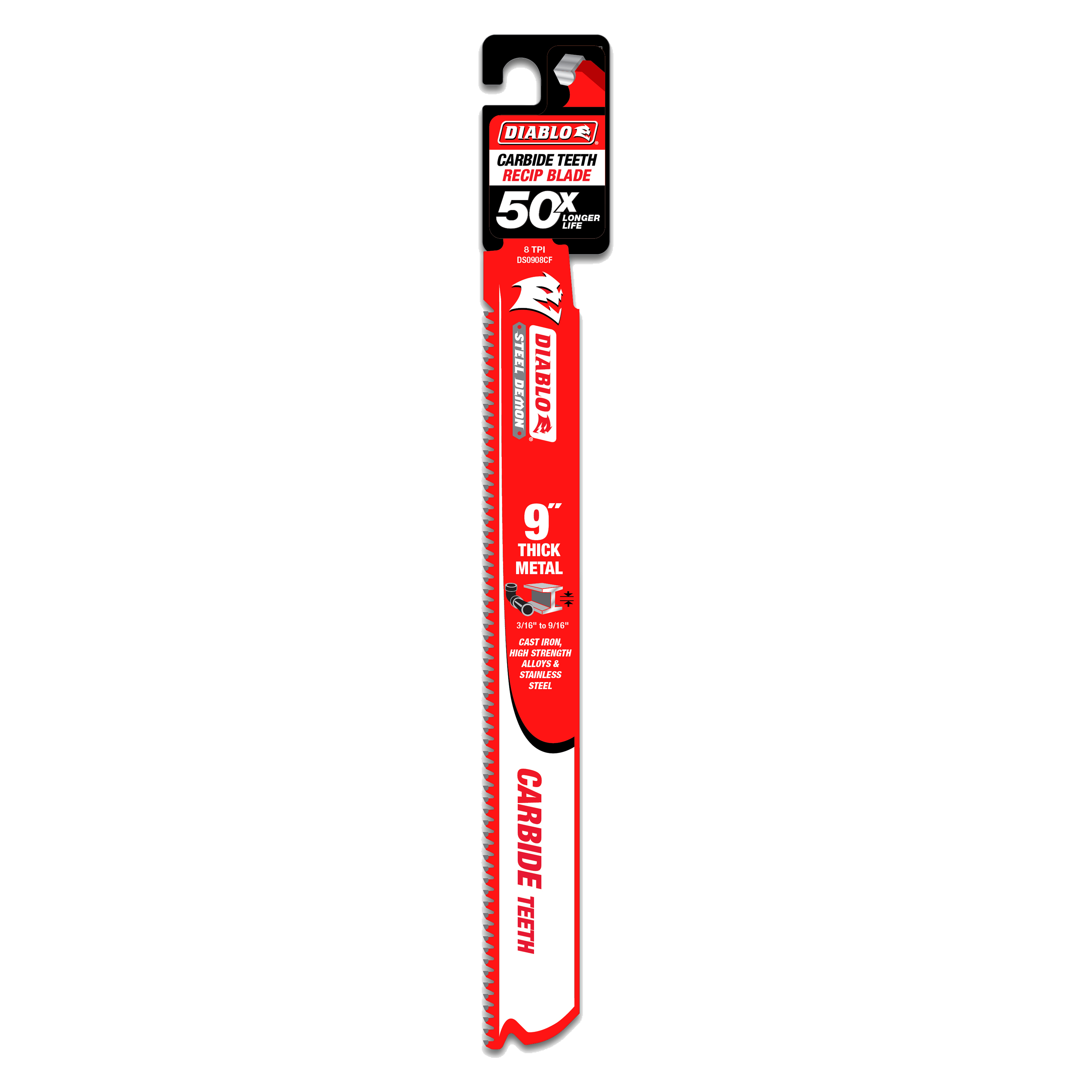 Nine-inch Diablo Steel Demon carbide reciprocating saw blade with red packaging showing 50% longer life claim.