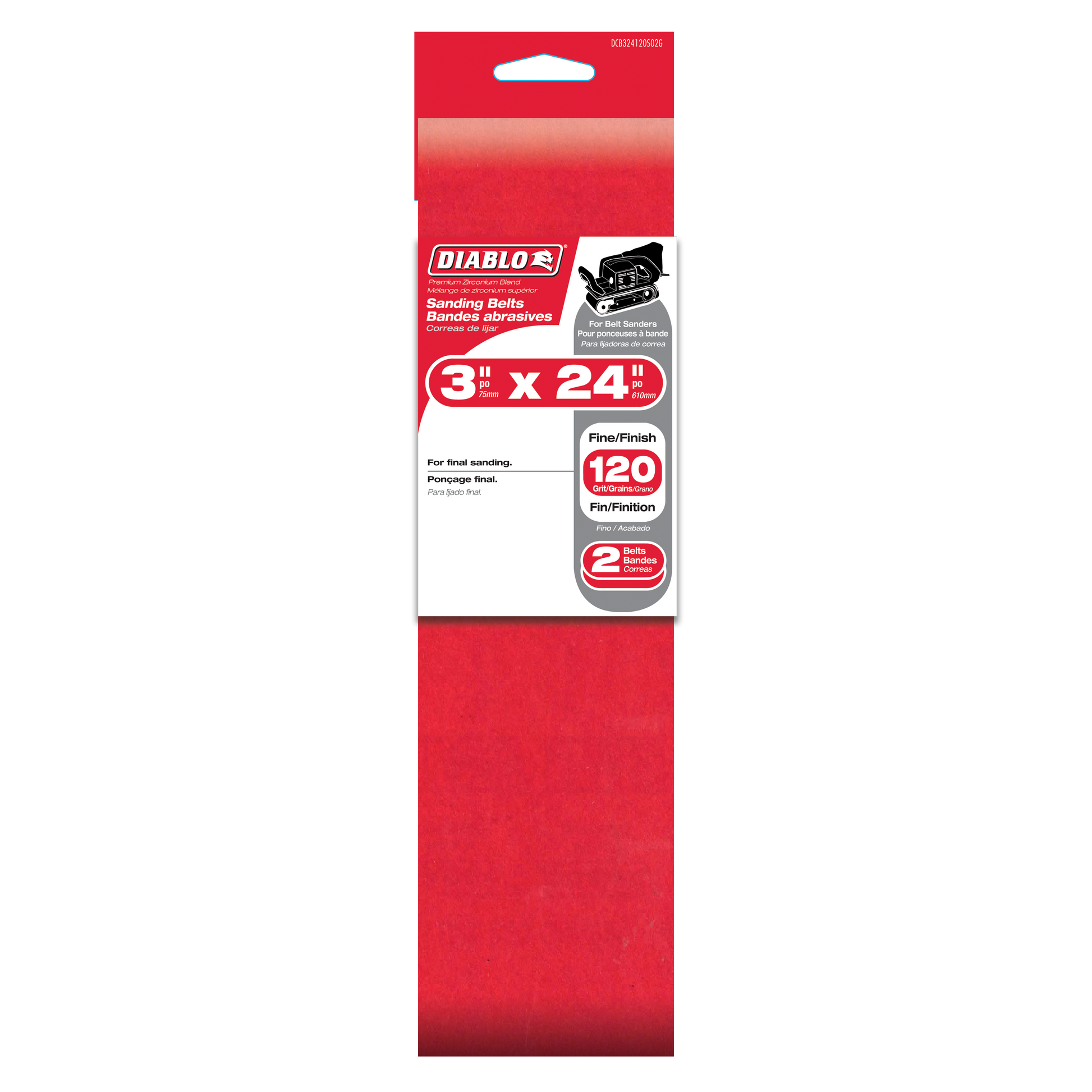 Diablo 3" x 24" 120-grit sanding belt 2-pack in red packaging with product specifications.