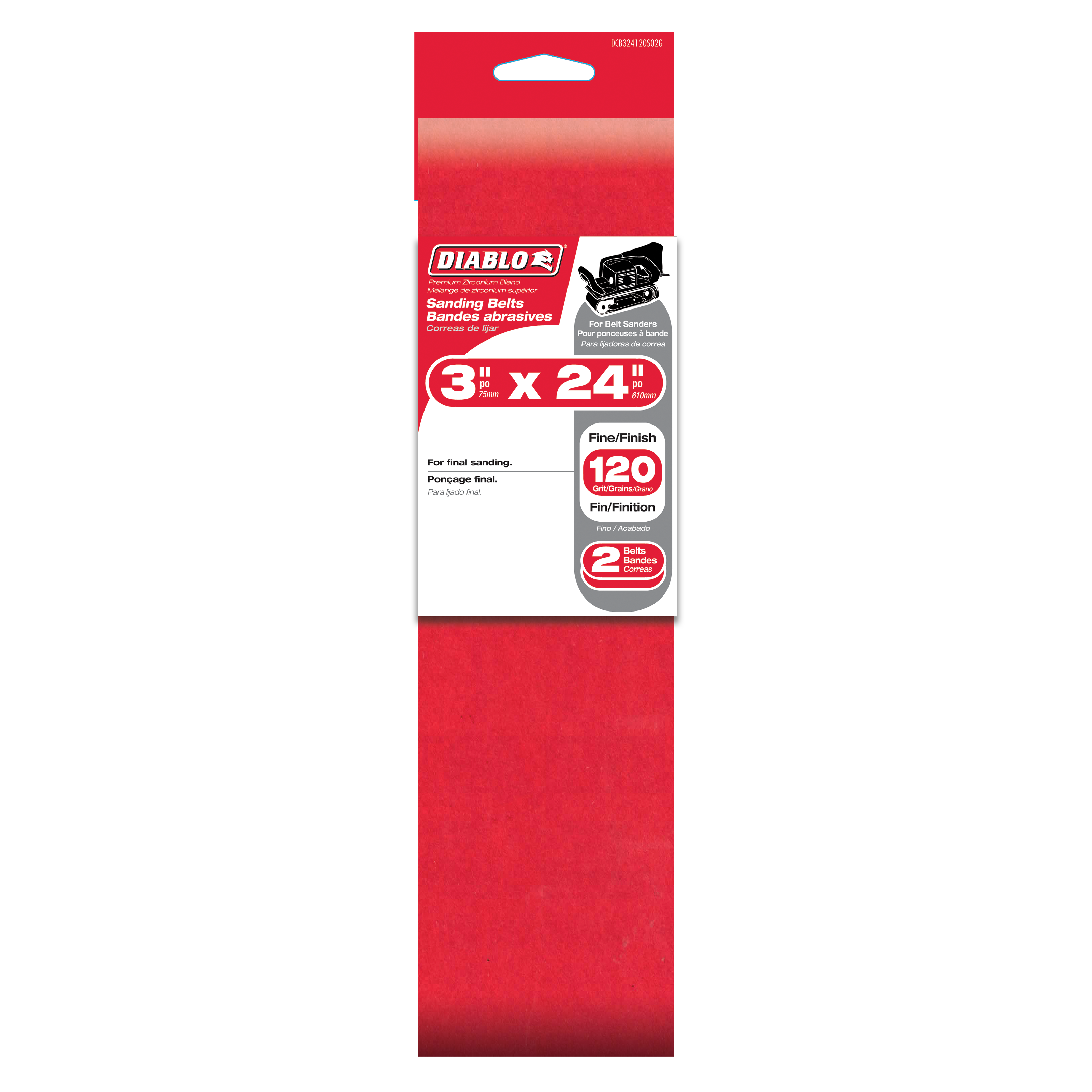 Diablo 3" x 24" 120-grit sanding belt 2-pack in red packaging with product specifications.