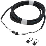 Black coiled cable harness with white strain relief bands and two black connector clips.