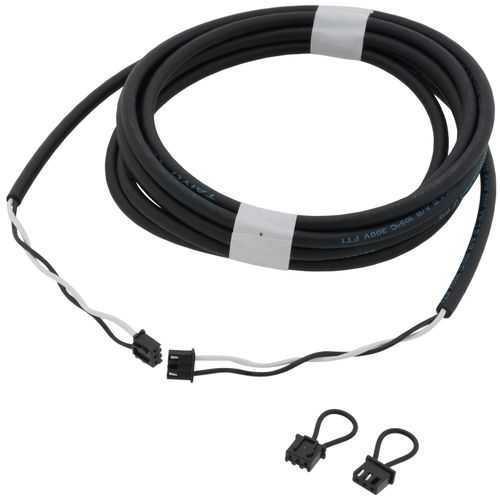 Black coiled cable harness with white strain relief bands and two black connector clips.